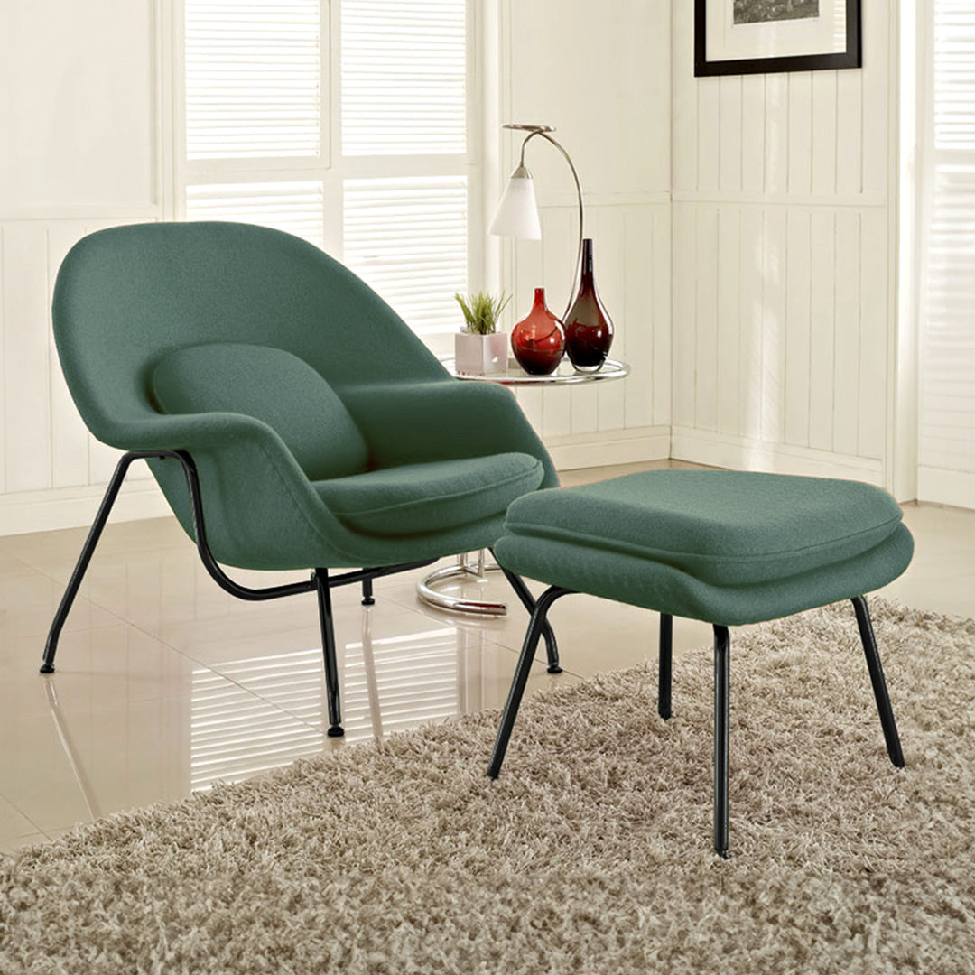 Sillón Womb con Otomana tela verde Musgo